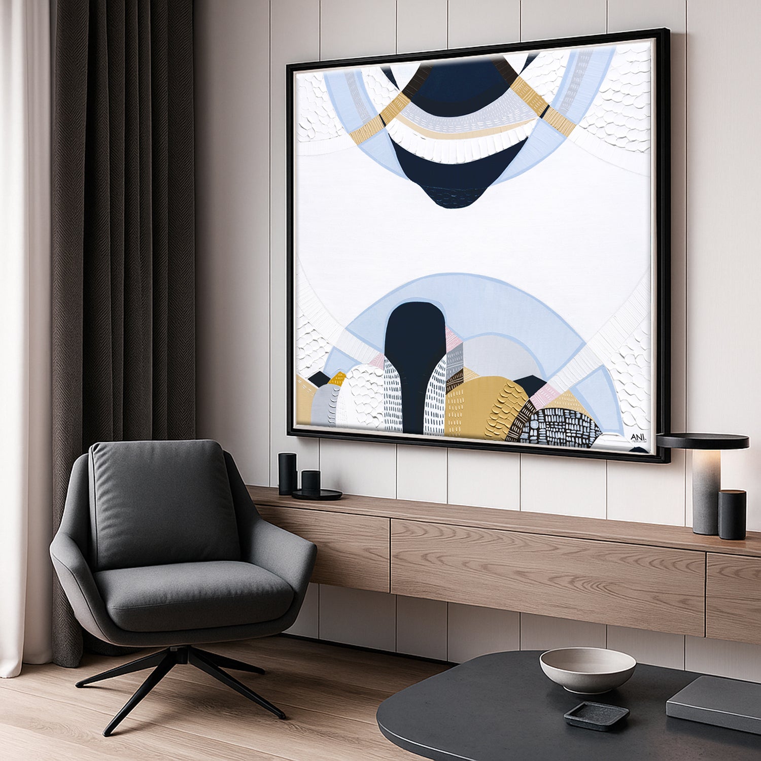 Blue Mountains 3 abstract Australian landscape painting by Melbourne artist Ani Ipradjian, featuring eucalyptus blue tones, earthy textures, and layered contemporary design inspired by the Three Sisters, Echo Point, and the misty Blue Mountains of Sydney, Australia.