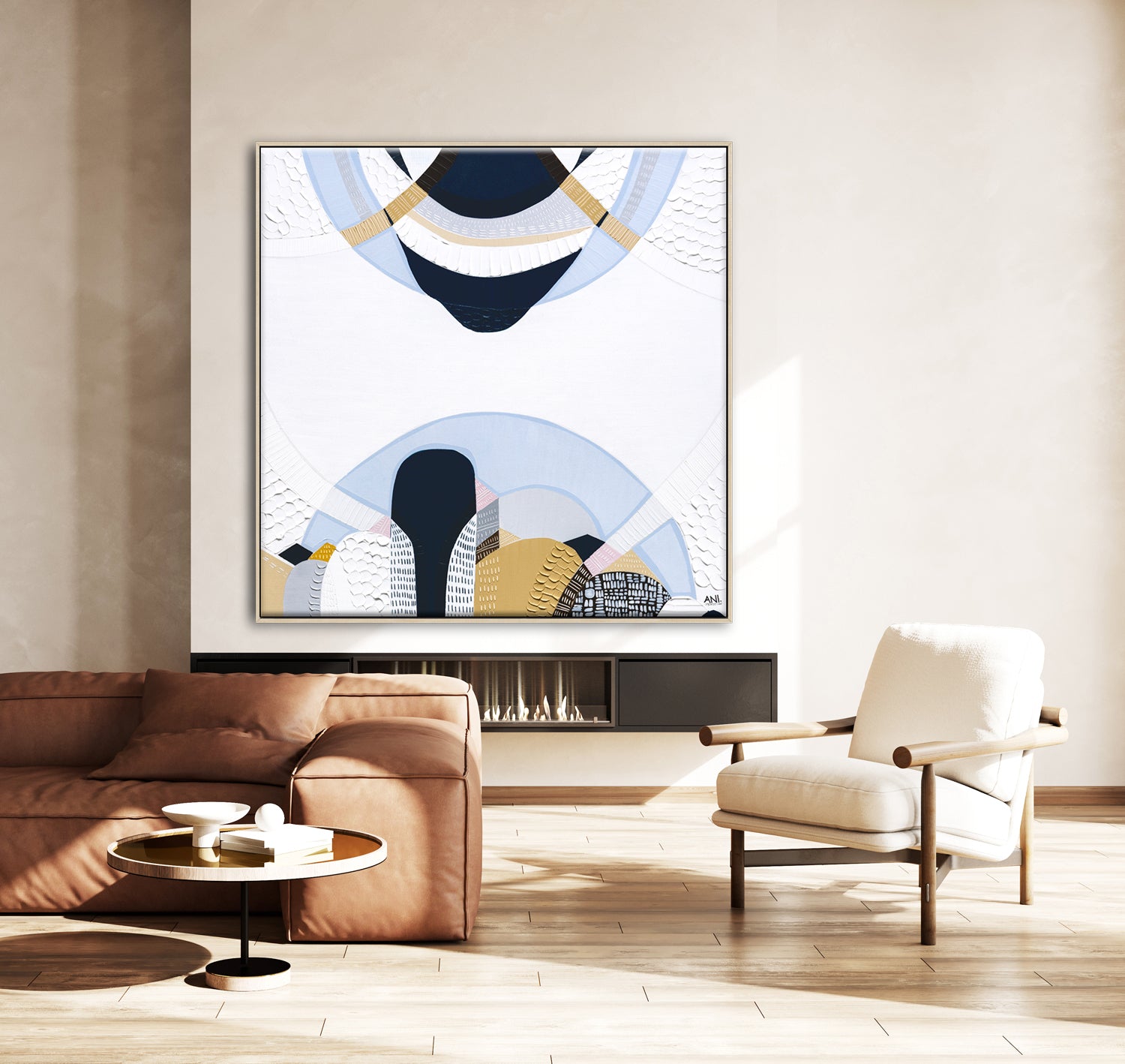 Blue Mountains 3 abstract Australian landscape painting by Melbourne artist Ani Ipradjian, featuring eucalyptus blue tones, earthy textures, and layered contemporary design inspired by the Three Sisters, Echo Point, and the misty Blue Mountains of Sydney, Australia.