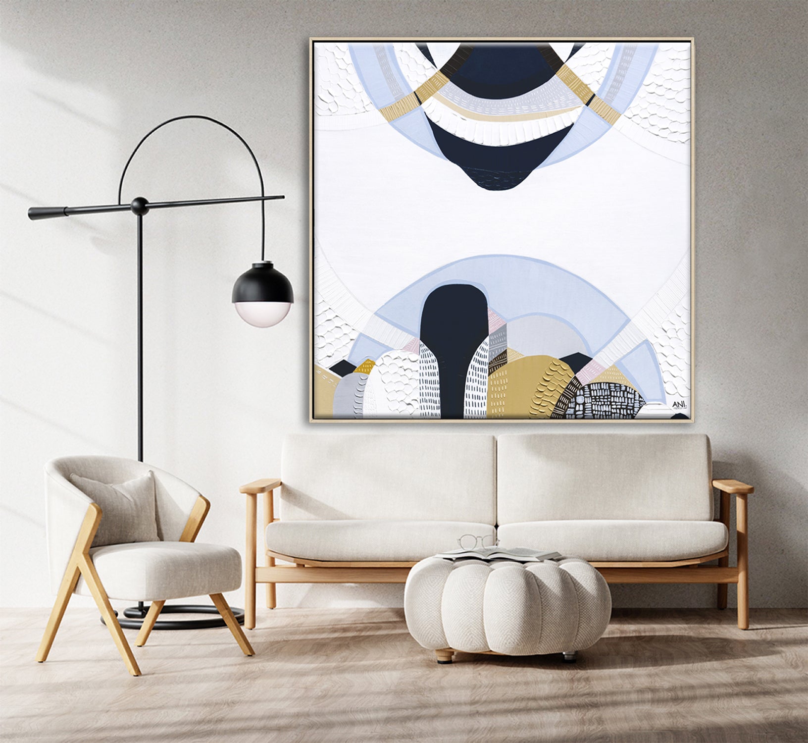 Blue Mountains 3 abstract Australian landscape painting by Melbourne artist Ani Ipradjian, featuring eucalyptus blue tones, earthy textures, and layered contemporary design inspired by the Three Sisters, Echo Point, and the misty Blue Mountains of Sydney, Australia.