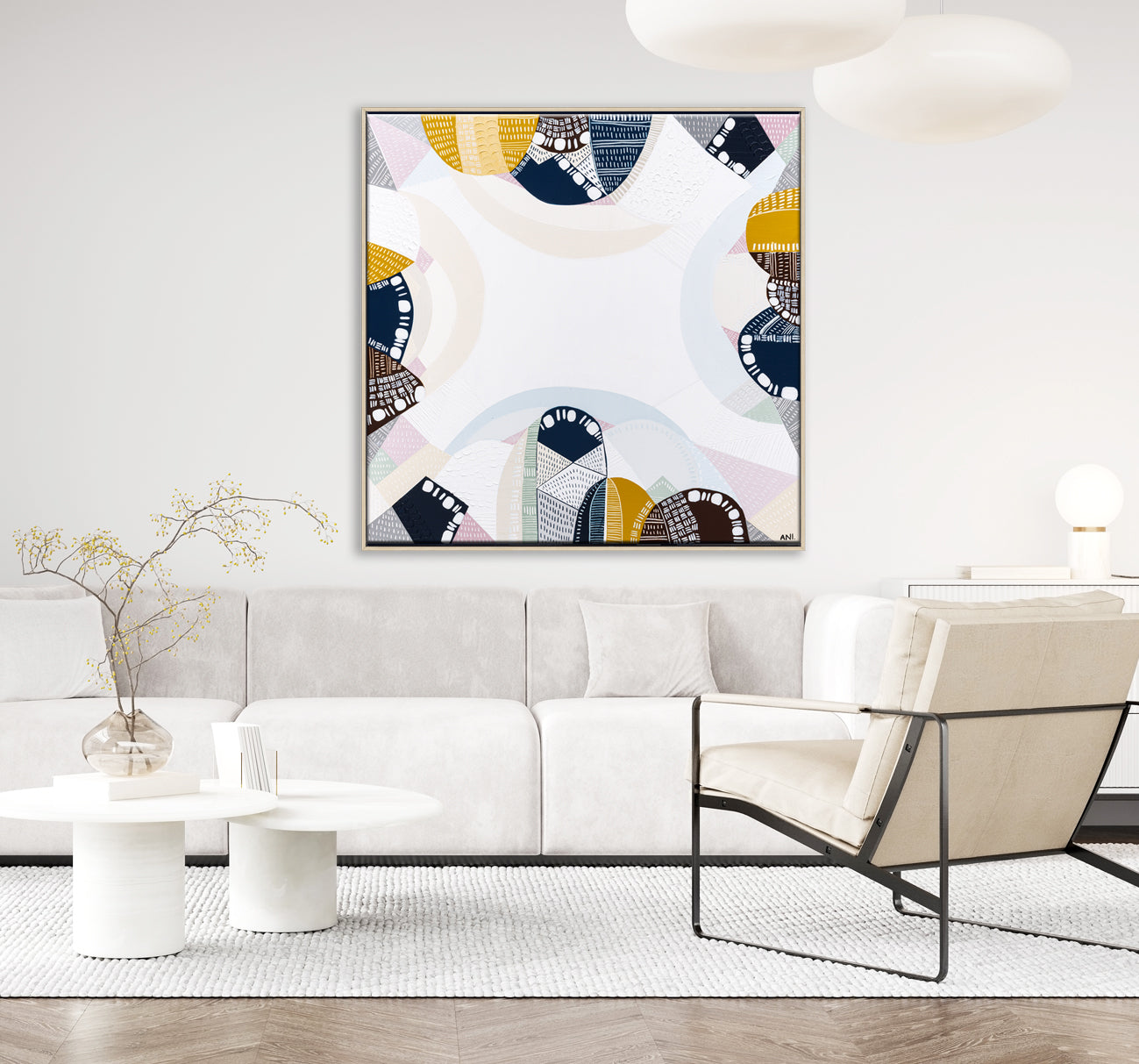 Blue Mountains Tour print by Ani Ipradjian – abstract Australian landscape artwork in tones of eucalyptus blue and earthy brown, inspired by the Three Sisters and Echo Point in the Blue Mountains. Suitable for global collectors and Australian art lovers.