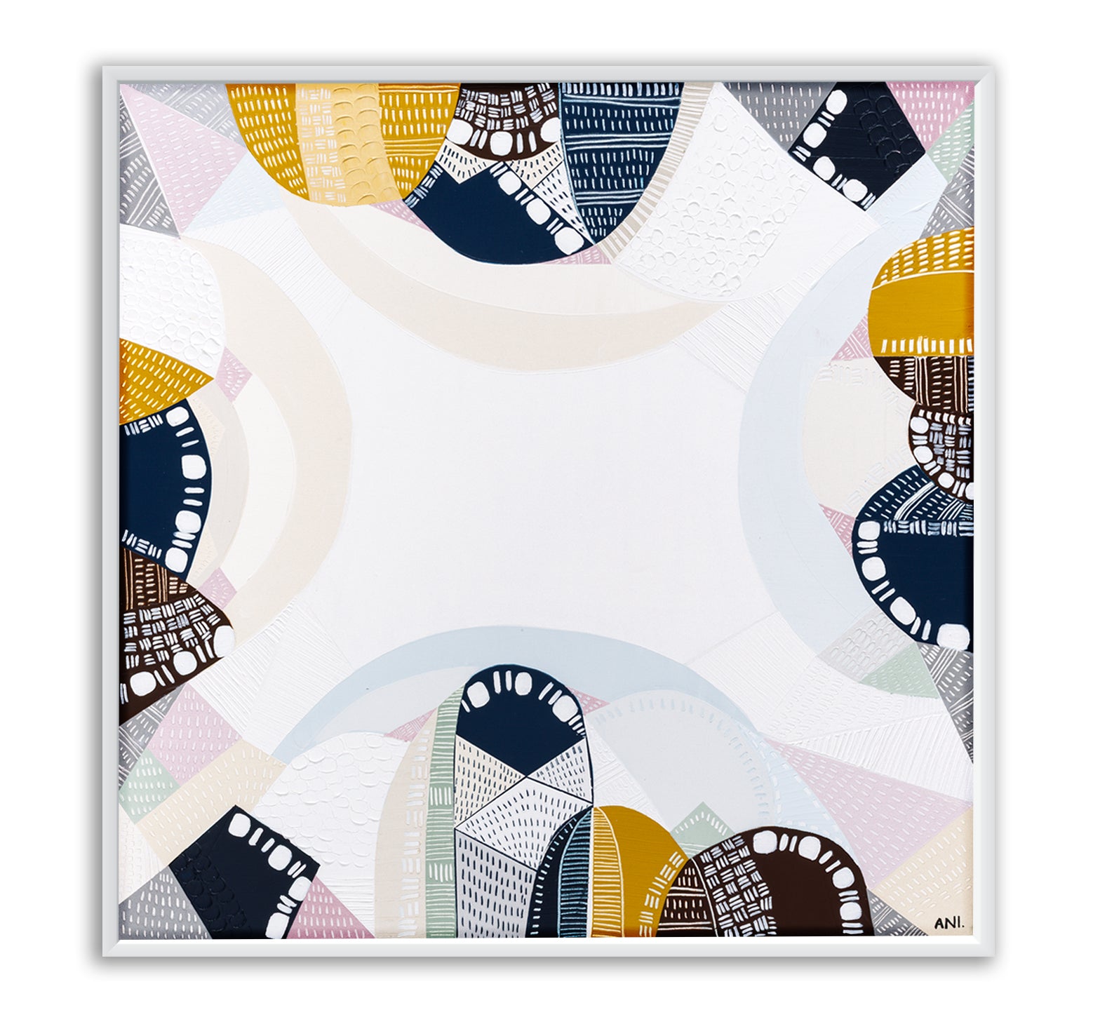 Blue Mountains Tour print by Ani Ipradjian – abstract Australian landscape artwork in tones of eucalyptus blue and earthy brown, inspired by the Three Sisters and Echo Point in the Blue Mountains. Suitable for global collectors and Australian art lovers.