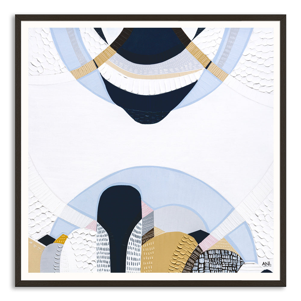 Blue Mountains 3 abstract Australian landscape painting by Melbourne artist Ani Ipradjian, featuring eucalyptus blue tones, earthy textures, and layered contemporary design inspired by the Three Sisters, Echo Point, and the misty Blue Mountains of Sydney, Australia.