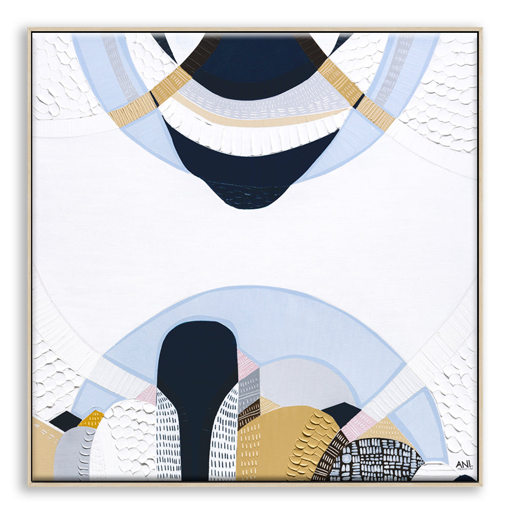 Blue Mountains 3 abstract Australian landscape painting by Melbourne artist Ani Ipradjian, featuring eucalyptus blue tones, earthy textures, and layered contemporary design inspired by the Three Sisters, Echo Point, and the misty Blue Mountains of Sydney, Australia.