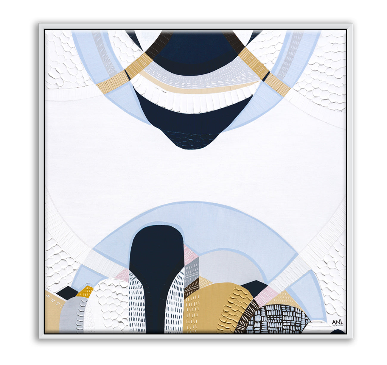 Blue Mountains 3 abstract Australian landscape painting by Melbourne artist Ani Ipradjian, featuring eucalyptus blue tones, earthy textures, and layered contemporary design inspired by the Three Sisters, Echo Point, and the misty Blue Mountains of Sydney, Australia.