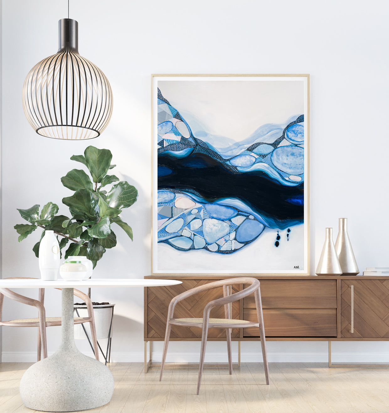 Bondi Blue – Abstract coastal art print by Australian artist Ani Ipradjian, inspired by Bondi Beach and Bondi Icebergs. Featuring oceanic blues, sandy tones, and symbolic feminine forms, this contemporary artwork appeals to global buyers seeking modern Australian beach-inspired art.
