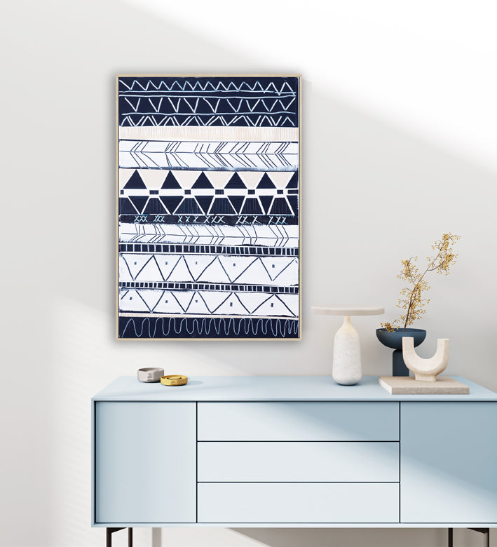 Bondi Waves 1 by Australian artist Ani Ipradjian – abstract coastal painting inspired by Bondi Beach, featuring flowing ocean waves and tribal motifs from Armenian heritage. Contemporary art print, 65cm x 100cm, framed in Tasmanian Oak, black, or white. Ideal for collectors of modern Australian art worldwide.