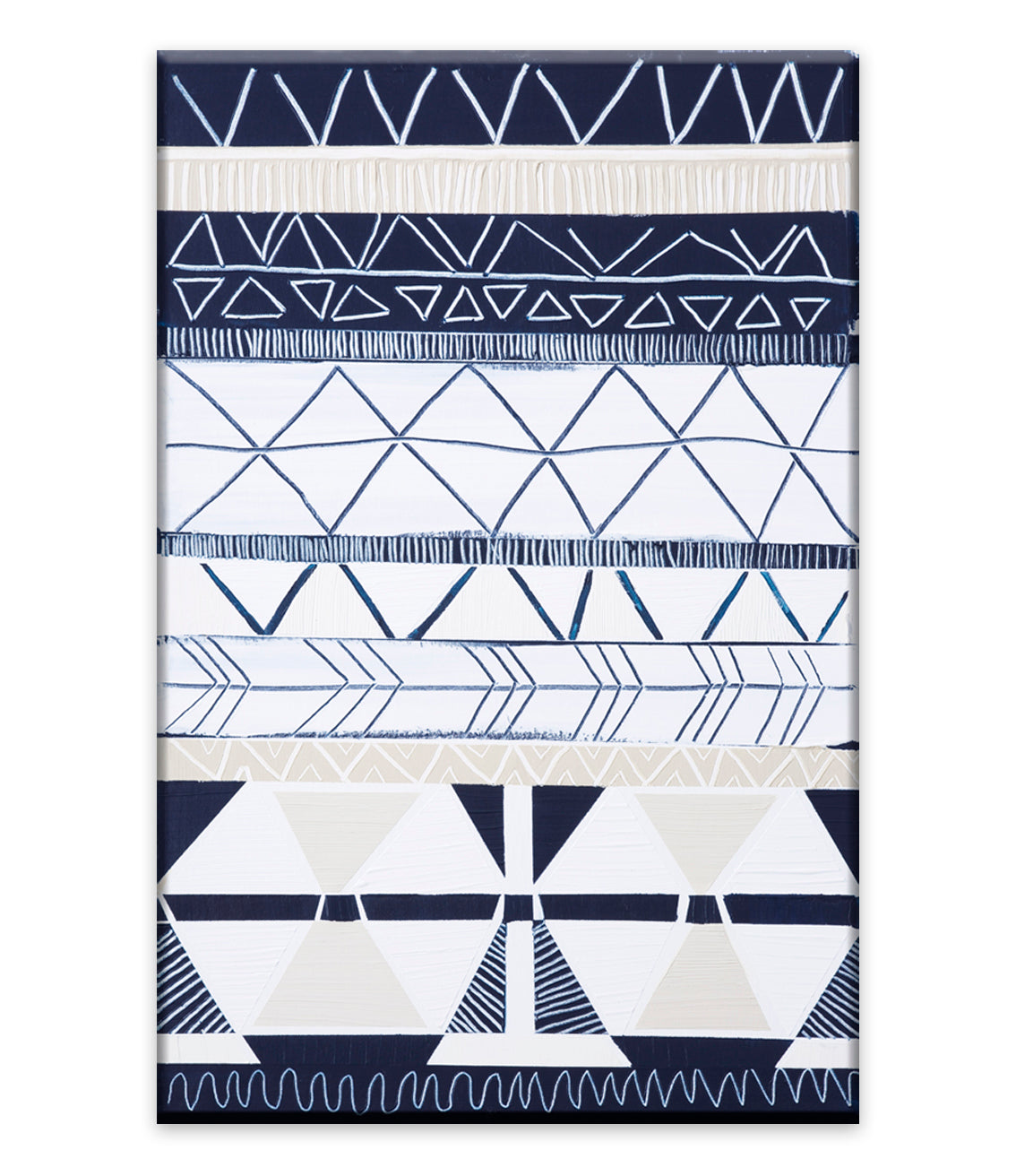 Abstract coastal print titled Bondi Waves 2 by Australian artist Ani Ipradjian. Features flowing ocean waves in soft blues and whites overlaid with tribal patterns inspired by Armenian heritage, reflecting the energy of Bondi Beach. Ideal for coastal and contemporary interiors.