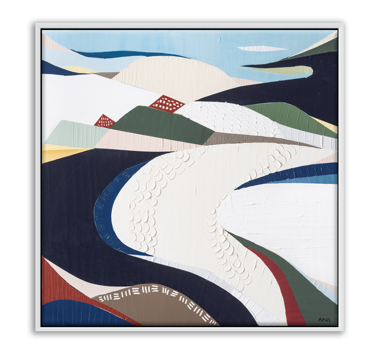 Bondi Beach abstract painting by Melbourne artist Ani Ipradjian, inspired by Sydney’s iconic coastline. Featuring ocean blues, sandy tones, and textured layers, this artwork celebrates Bondi’s surf culture, vibrant atmosphere, and surrounding flora and fauna. Perfect for Australian art collectors, coastal interior design, and surf-inspired homes worldwide.