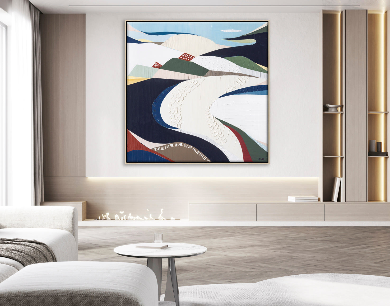 Bondi Beach abstract painting by Melbourne artist Ani Ipradjian, inspired by Sydney’s iconic coastline. Featuring ocean blues, sandy tones, and textured layers, this artwork celebrates Bondi’s surf culture, vibrant atmosphere, and surrounding flora and fauna. Perfect for Australian art collectors, coastal interior design, and surf-inspired homes worldwide.