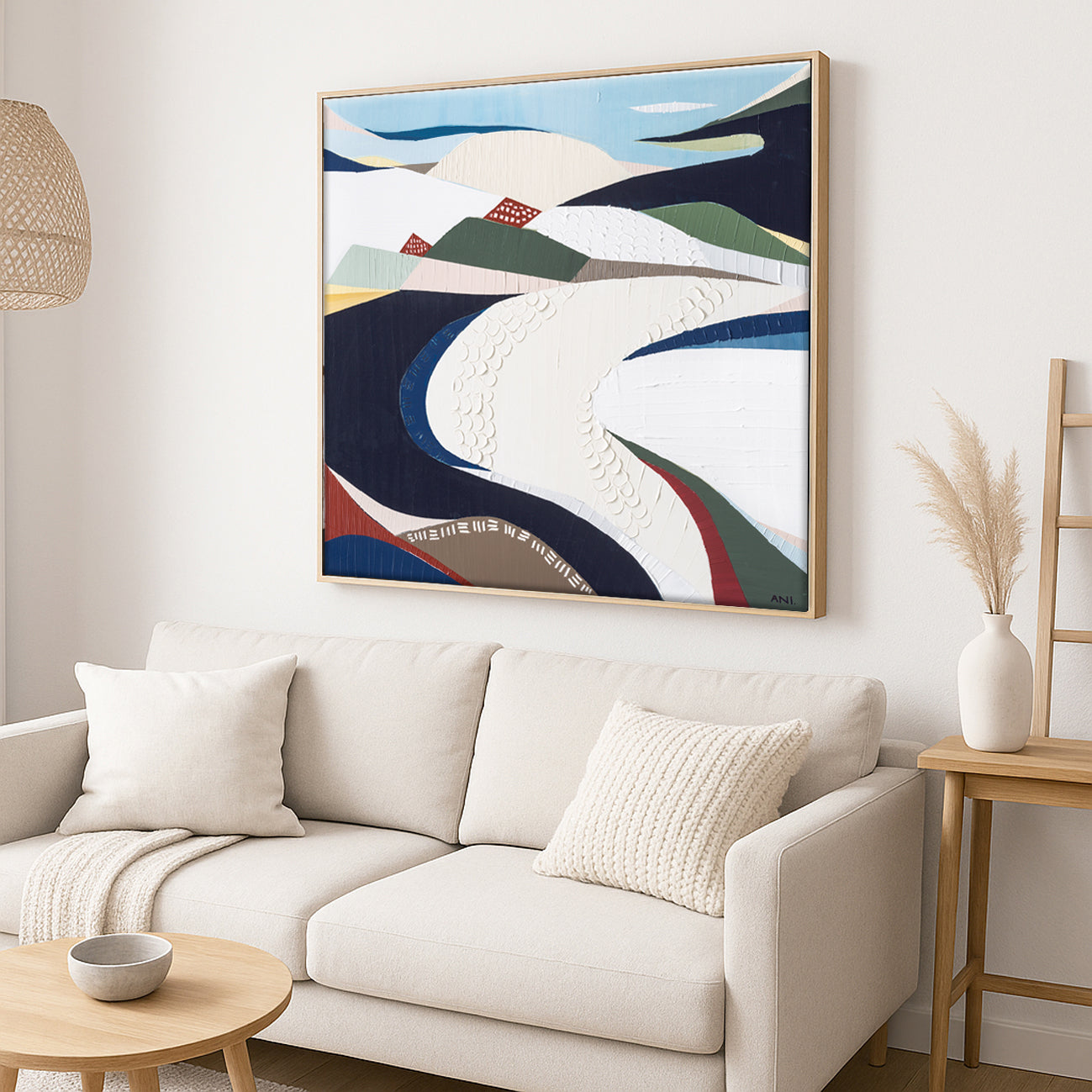 Bondi Beach abstract painting by Melbourne artist Ani Ipradjian, inspired by Sydney’s iconic coastline. Featuring ocean blues, sandy tones, and textured layers, this artwork celebrates Bondi’s surf culture, vibrant atmosphere, and surrounding flora and fauna. Perfect for Australian art collectors, coastal interior design, and surf-inspired homes worldwide.