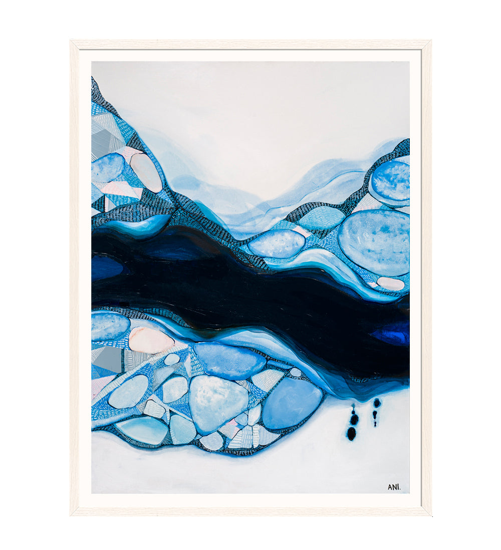 Bondi Blue – Abstract coastal art print by Australian artist Ani Ipradjian, inspired by Bondi Beach and Bondi Icebergs. Featuring oceanic blues, sandy tones, and symbolic feminine forms, this contemporary artwork appeals to global buyers seeking modern Australian beach-inspired art.