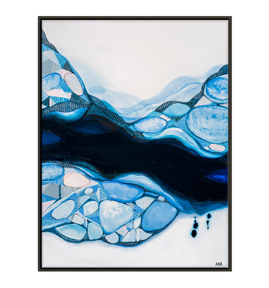 Bondi Blue – Abstract coastal art print by Australian artist Ani Ipradjian, inspired by Bondi Beach and Bondi Icebergs. Featuring oceanic blues, sandy tones, and symbolic feminine forms, this contemporary artwork appeals to global buyers seeking modern Australian beach-inspired art.