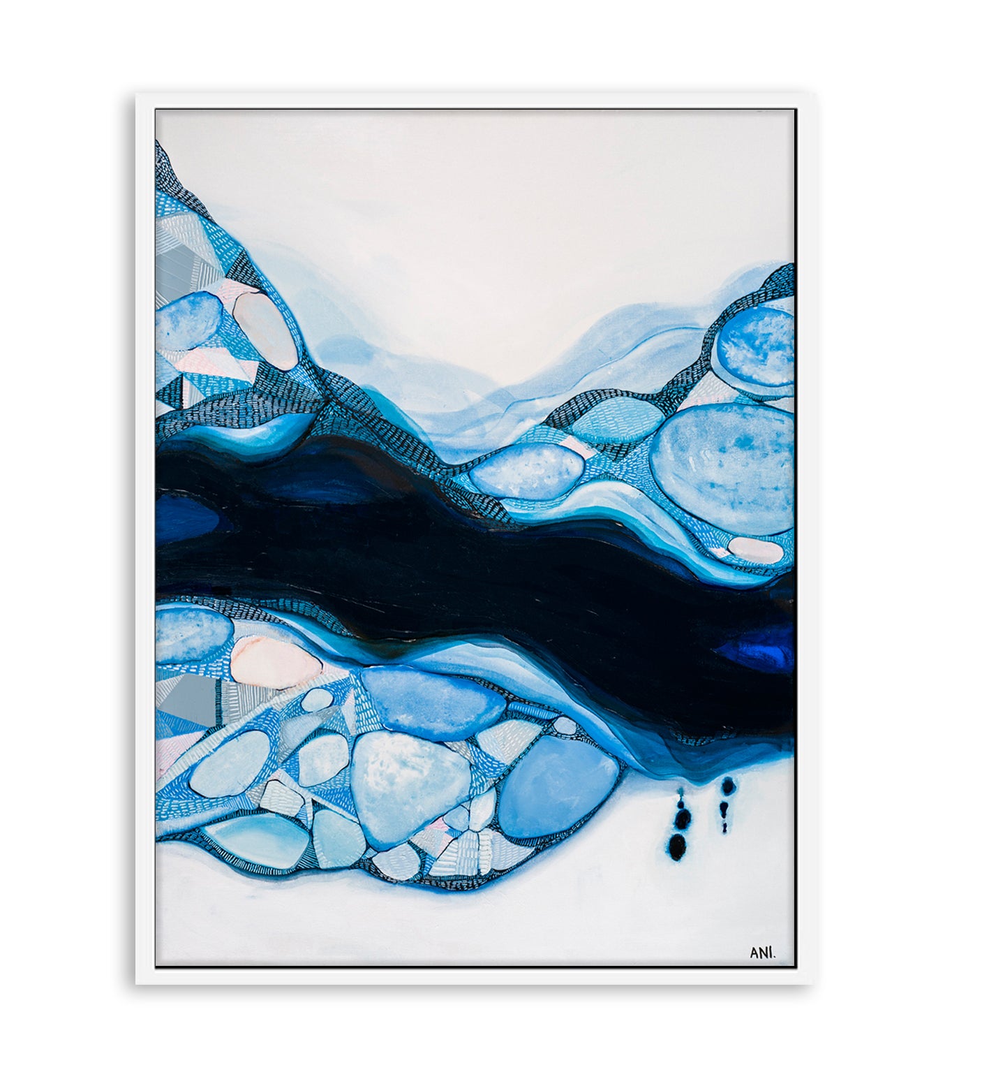 Bondi Blue – Abstract coastal art print by Australian artist Ani Ipradjian, inspired by Bondi Beach and Bondi Icebergs. Featuring oceanic blues, sandy tones, and symbolic feminine forms, this contemporary artwork appeals to global buyers seeking modern Australian beach-inspired art.