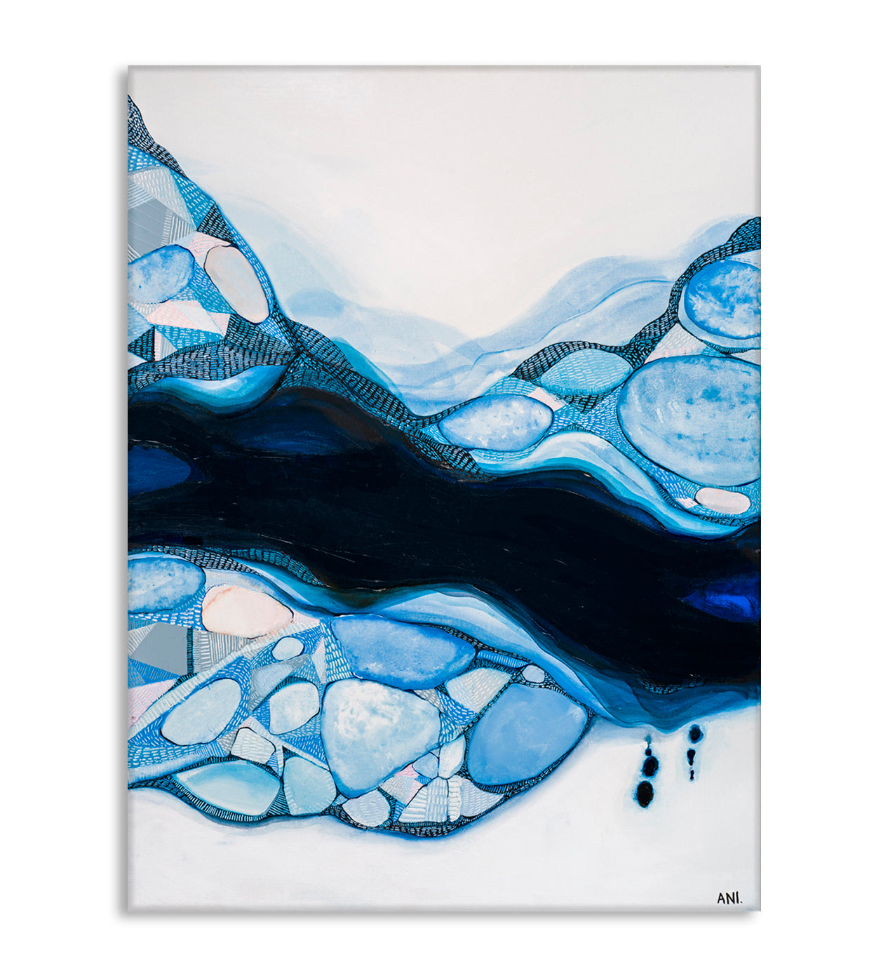 Bondi Blue – Abstract coastal art print by Australian artist Ani Ipradjian, inspired by Bondi Beach and Bondi Icebergs. Featuring oceanic blues, sandy tones, and symbolic feminine forms, this contemporary artwork appeals to global buyers seeking modern Australian beach-inspired art.