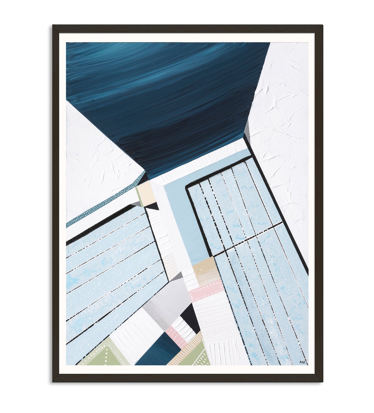 “Bondi Icebergs” print by Australian artist Ani Ipradjian – abstract coastal artwork inspired by Bondi Beach and its iconic ocean pool, featuring Mediterranean colours and dynamic textures.