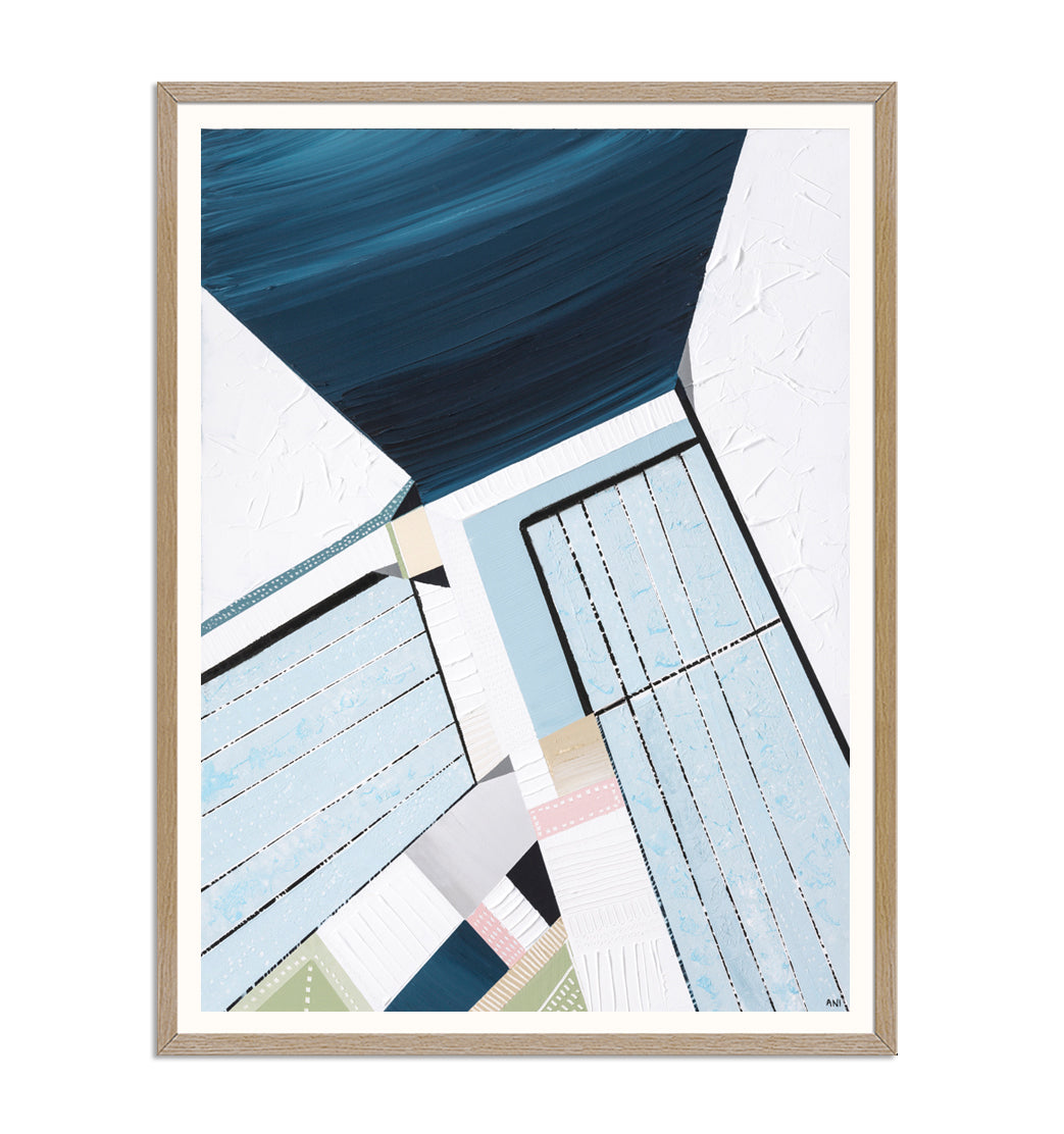 “Bondi Icebergs” print by Australian artist Ani Ipradjian – abstract coastal artwork inspired by Bondi Beach and its iconic ocean pool, featuring Mediterranean colours and dynamic textures.