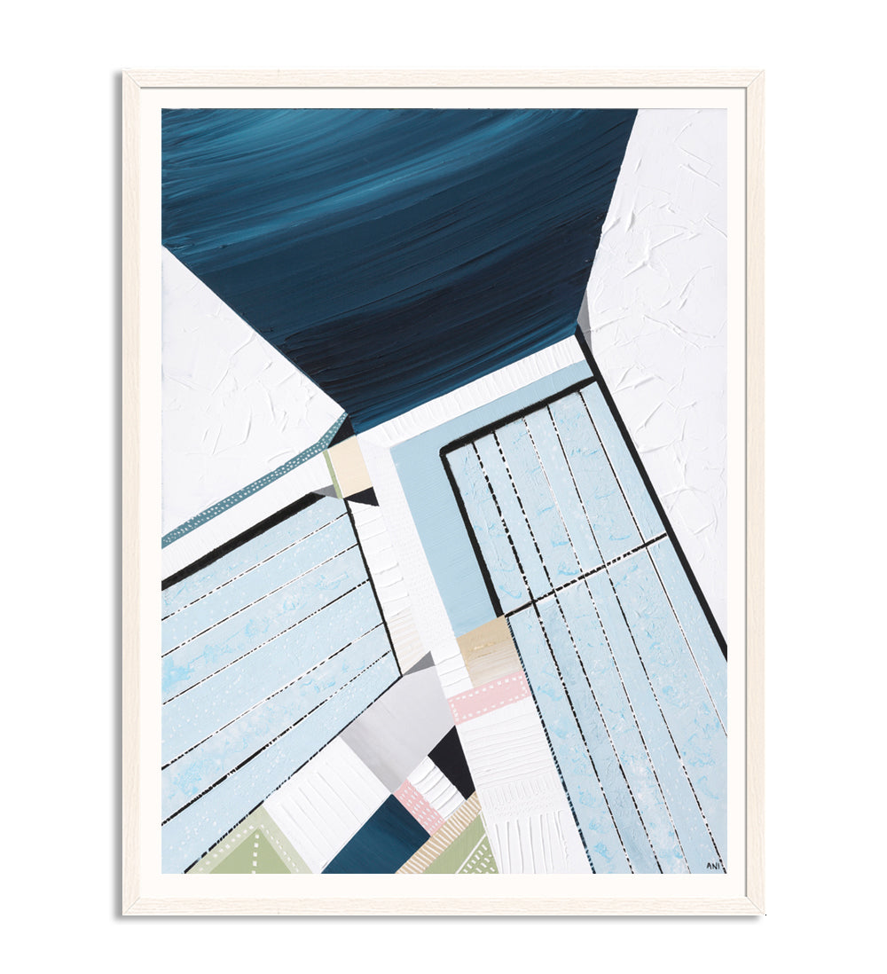 “Bondi Icebergs” print by Australian artist Ani Ipradjian – abstract coastal artwork inspired by Bondi Beach and its iconic ocean pool, featuring Mediterranean colours and dynamic textures.