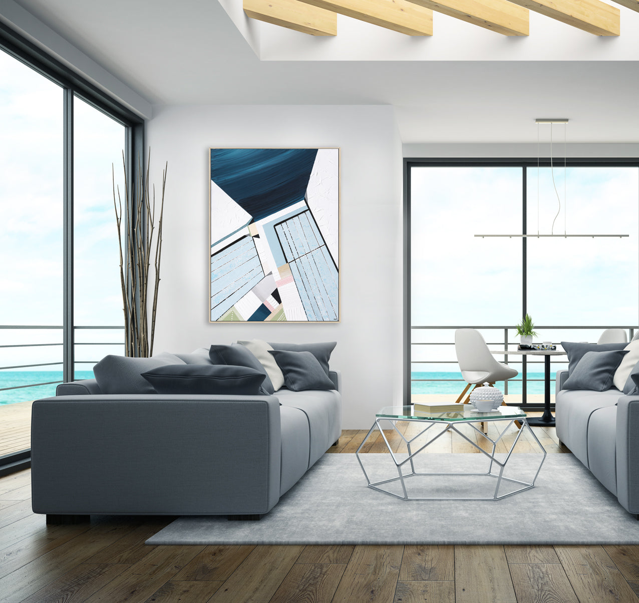 Original abstract painting titled "Bondi Icebergs" by Australian artist Ani Ipradjian, depicting the iconic Bondi Icebergs pool with vibrant Mediterranean hues and dynamic coastal elements.