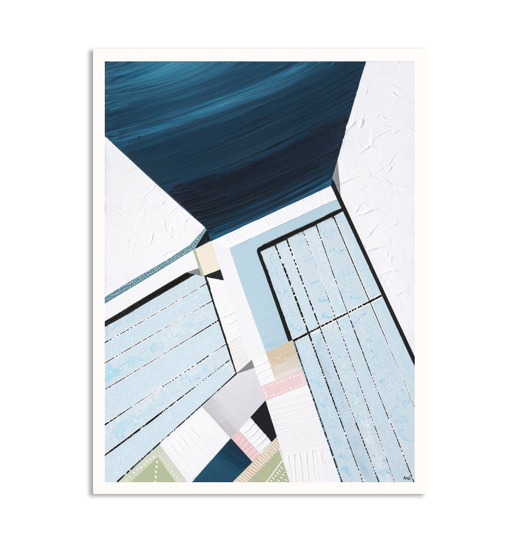 “Bondi Icebergs” print by Australian artist Ani Ipradjian – abstract coastal artwork inspired by Bondi Beach and its iconic ocean pool, featuring Mediterranean colours and dynamic textures.