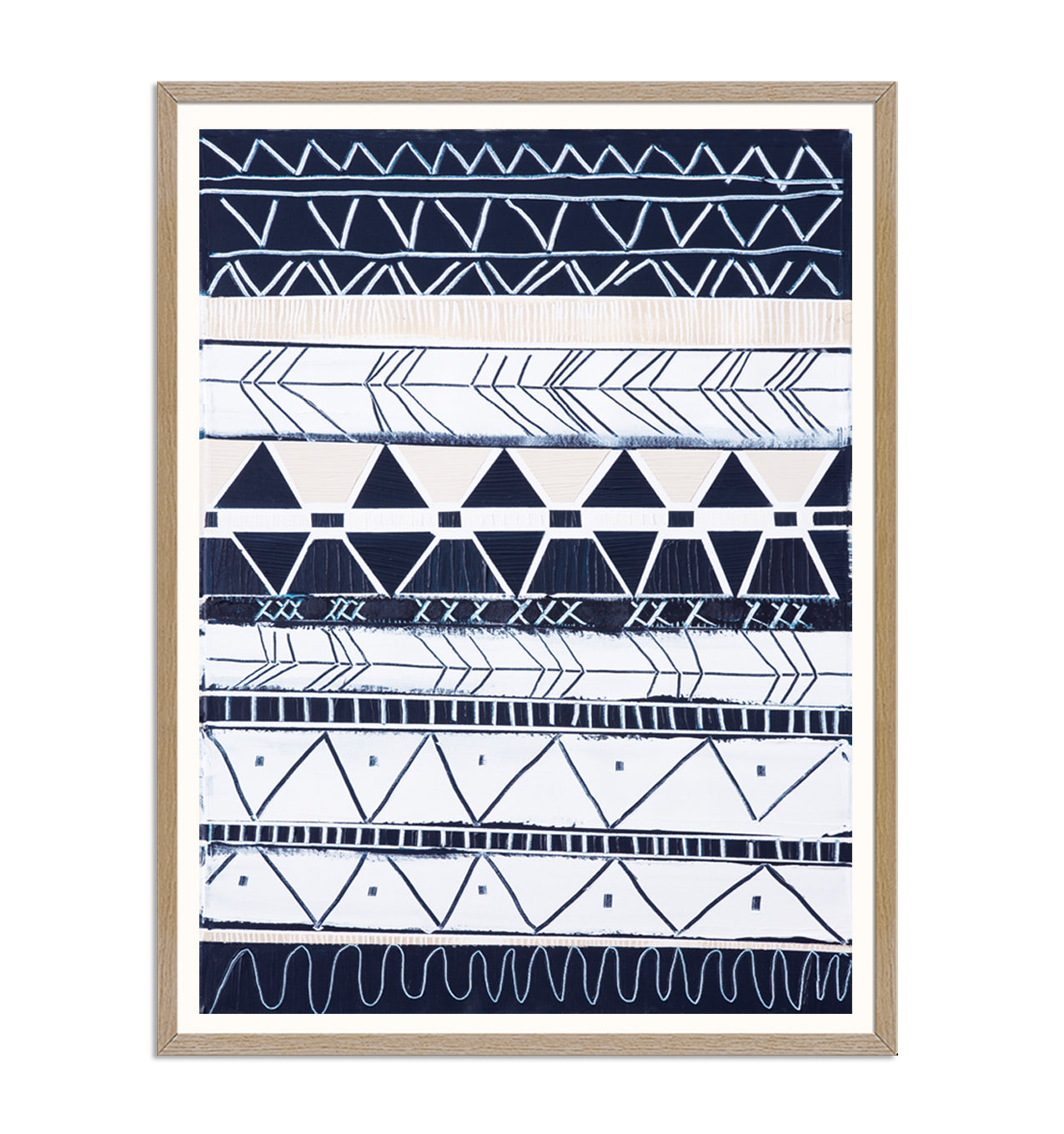 Abstract coastal print titled Bondi Waves 1 by Australian artist Ani Ipradjian. Features flowing ocean waves in soft blues and whites overlaid with tribal patterns inspired by Armenian heritage, reflecting the energy of Bondi Beach. Ideal for coastal and contemporary interiors.