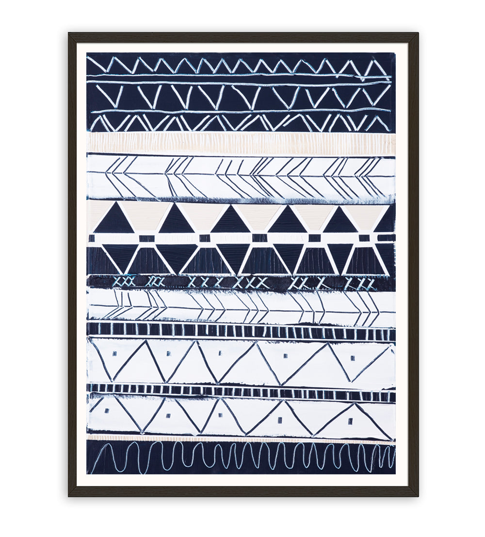 Abstract coastal print titled Bondi Waves 1 by Australian artist Ani Ipradjian. Features flowing ocean waves in soft blues and whites overlaid with tribal patterns inspired by Armenian heritage, reflecting the energy of Bondi Beach. Ideal for coastal and contemporary interiors.