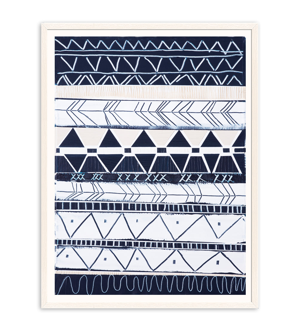 Abstract coastal print titled Bondi Waves 1 by Australian artist Ani Ipradjian. Features flowing ocean waves in soft blues and whites overlaid with tribal patterns inspired by Armenian heritage, reflecting the energy of Bondi Beach. Ideal for coastal and contemporary interiors.