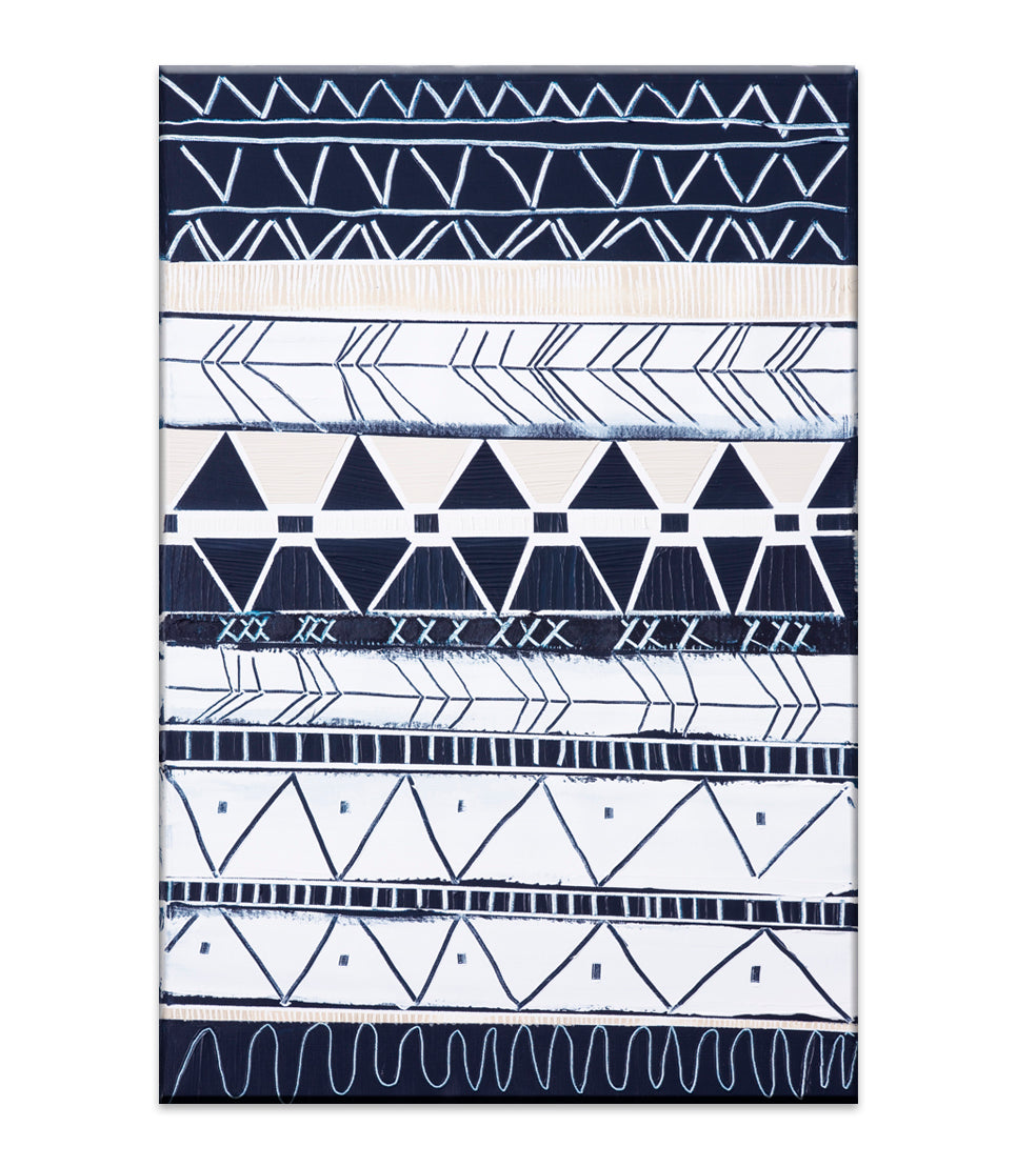 Abstract coastal print titled Bondi Waves 1 by Australian artist Ani Ipradjian. Features flowing ocean waves in soft blues and whites overlaid with tribal patterns inspired by Armenian heritage, reflecting the energy of Bondi Beach. Ideal for coastal and contemporary interiors.