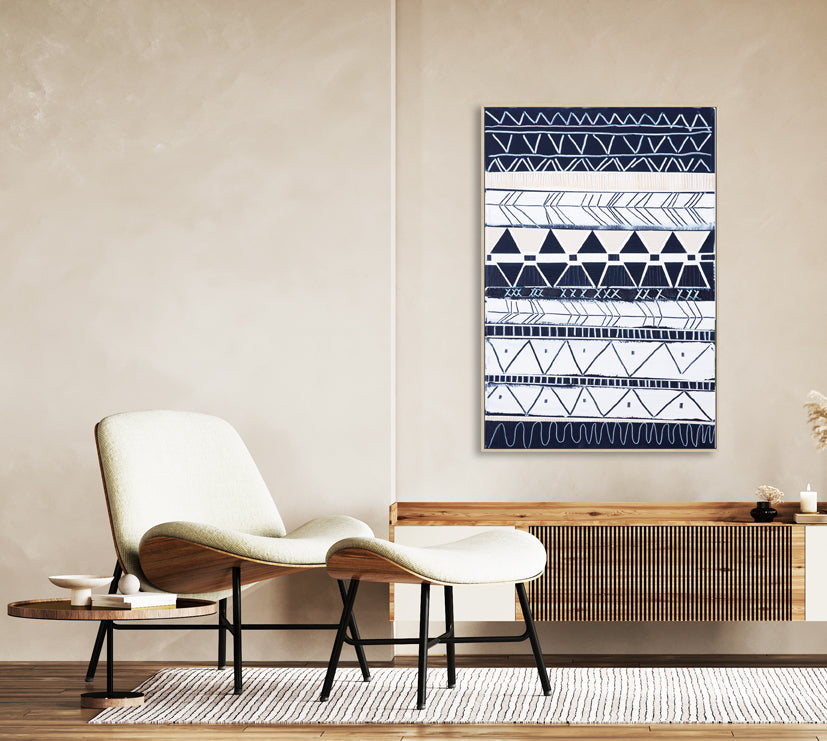 Bondi Waves 1 by Australian artist Ani Ipradjian – abstract coastal painting inspired by Bondi Beach, featuring flowing ocean waves and tribal motifs from Armenian heritage. Contemporary art print, 65cm x 100cm, framed in Tasmanian Oak, black, or white. Ideal for collectors of modern Australian art worldwide.