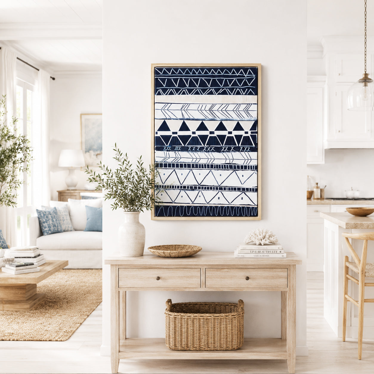Bondi Waves 1 by Australian artist Ani Ipradjian – abstract coastal painting inspired by Bondi Beach, featuring flowing ocean waves and tribal motifs from Armenian heritage. Contemporary art print, 65cm x 100cm, framed in Tasmanian Oak, black, or white. Ideal for collectors of modern Australian art worldwide.