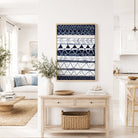 Bondi Waves 1 by Australian artist Ani Ipradjian – abstract coastal painting inspired by Bondi Beach, featuring flowing ocean waves and tribal motifs from Armenian heritage. Contemporary art print, 65cm x 100cm, framed in Tasmanian Oak, black, or white. Ideal for collectors of modern Australian art worldwide.