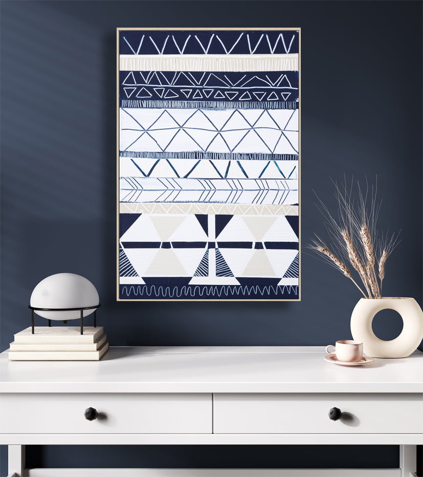 Bondi Waves 2 by Australian artist Ani Ipradjian – abstract coastal painting inspired by Bondi Beach, featuring flowing ocean waves and tribal motifs from Armenian heritage. Contemporary art print, 65cm x 100cm, framed in Tasmanian Oak, black, or white. Ideal for collectors of modern Australian art worldwide.