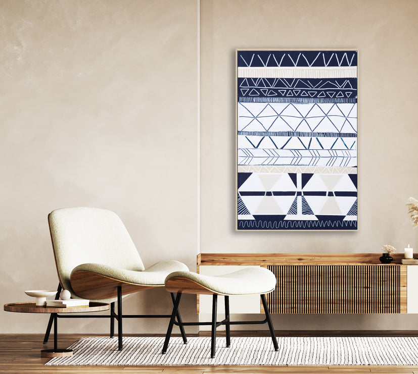 Abstract coastal print titled Bondi Waves 2 by Australian artist Ani Ipradjian. Features flowing ocean waves in soft blues and whites overlaid with tribal patterns inspired by Armenian heritage, reflecting the energy of Bondi Beach. Ideal for coastal and contemporary interiors.