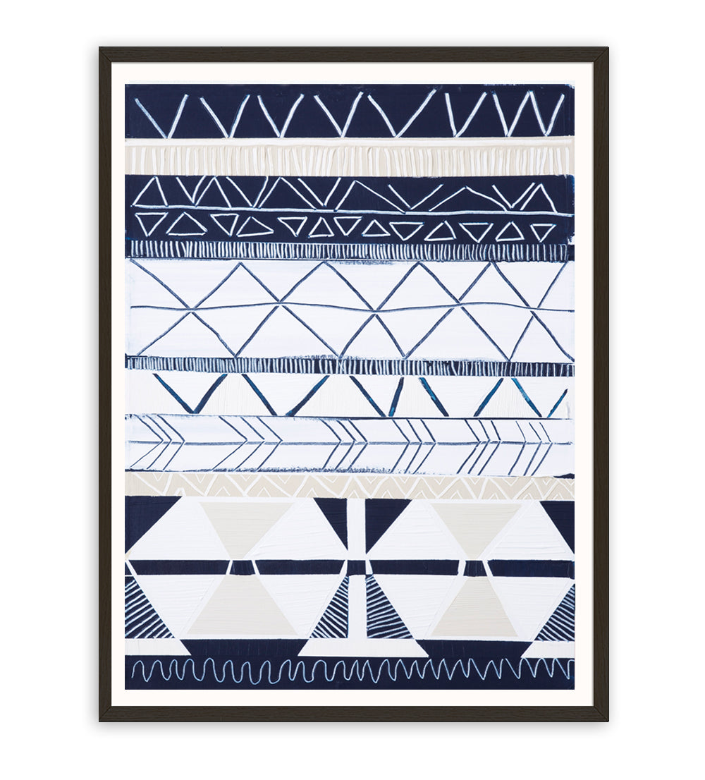 Abstract coastal print titled Bondi Waves 2 by Australian artist Ani Ipradjian. Features flowing ocean waves in soft blues and whites overlaid with tribal patterns inspired by Armenian heritage, reflecting the energy of Bondi Beach. Ideal for coastal and contemporary interiors.