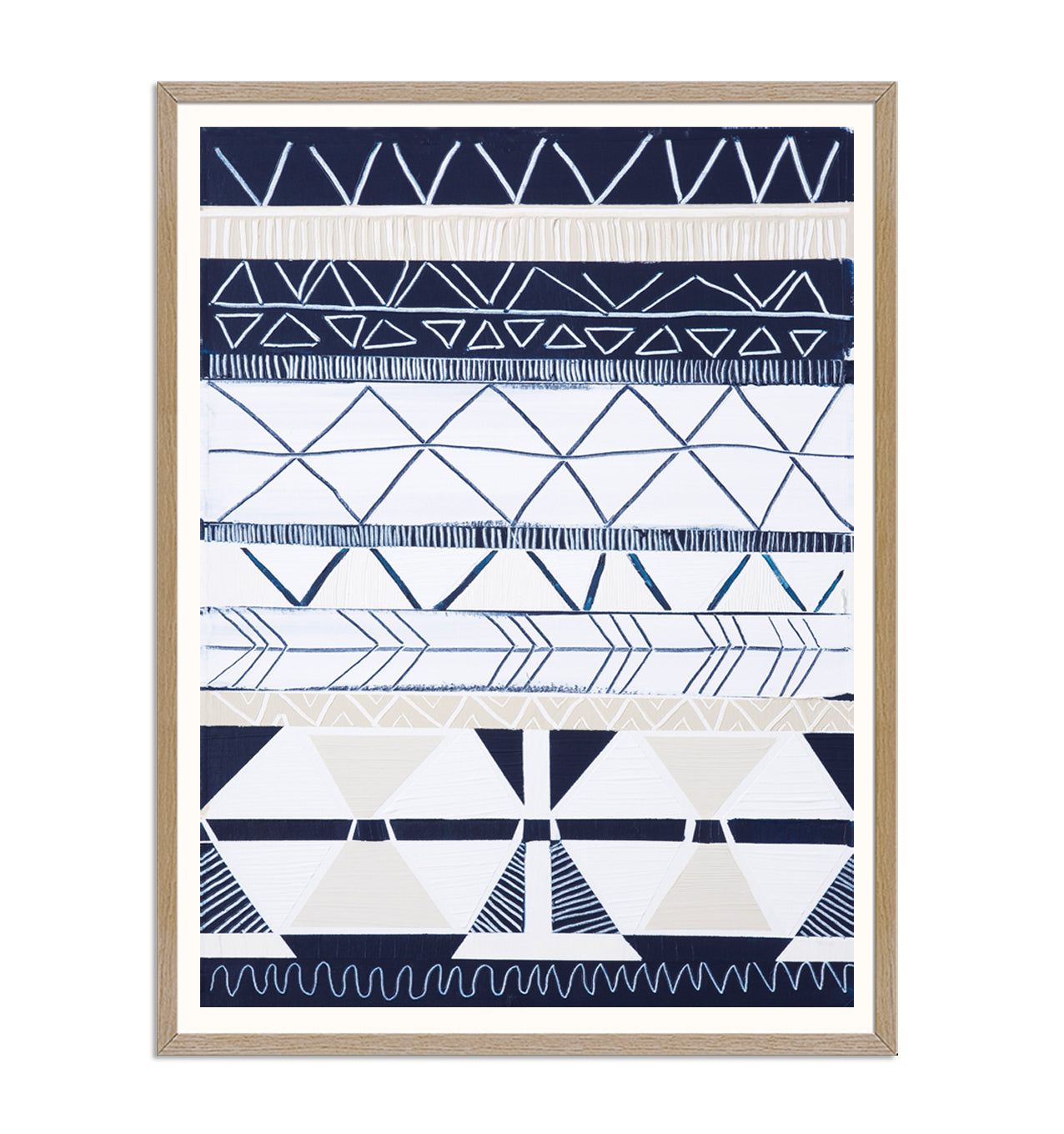 Abstract coastal print titled Bondi Waves 2 by Australian artist Ani Ipradjian. Features flowing ocean waves in soft blues and whites overlaid with tribal patterns inspired by Armenian heritage, reflecting the energy of Bondi Beach. Ideal for coastal and contemporary interiors.