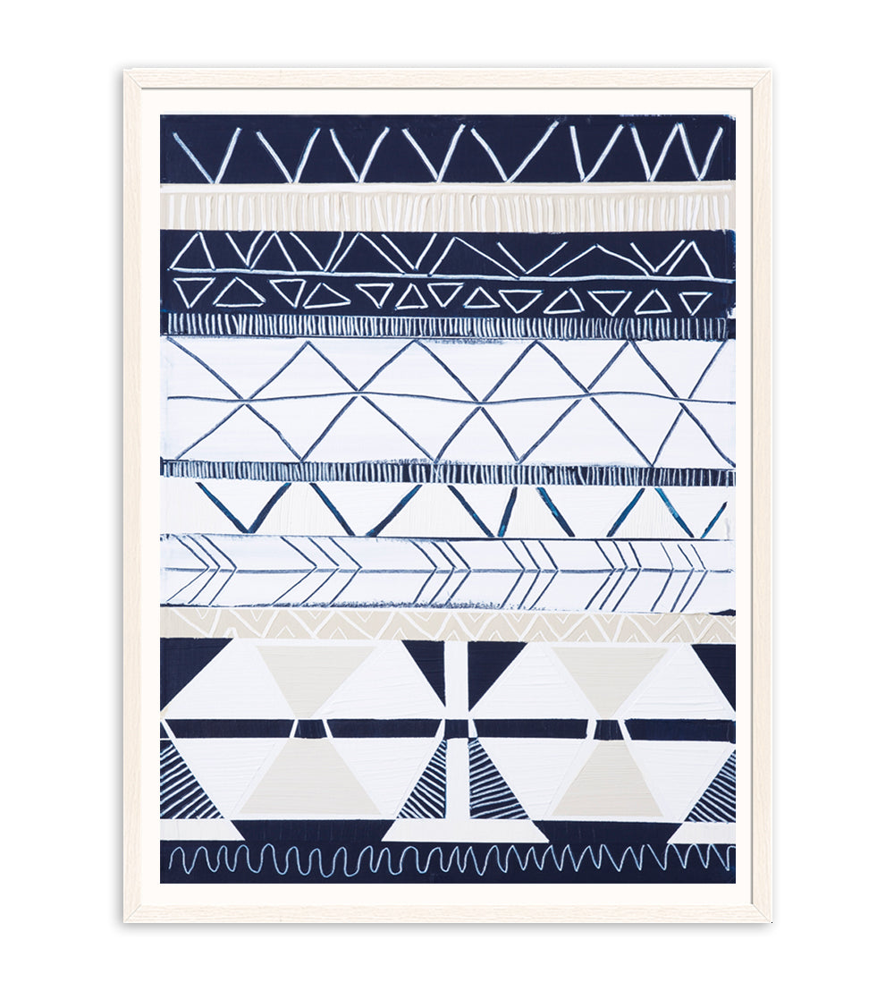 Abstract coastal print titled Bondi Waves 2 by Australian artist Ani Ipradjian. Features flowing ocean waves in soft blues and whites overlaid with tribal patterns inspired by Armenian heritage, reflecting the energy of Bondi Beach. Ideal for coastal and contemporary interiors.