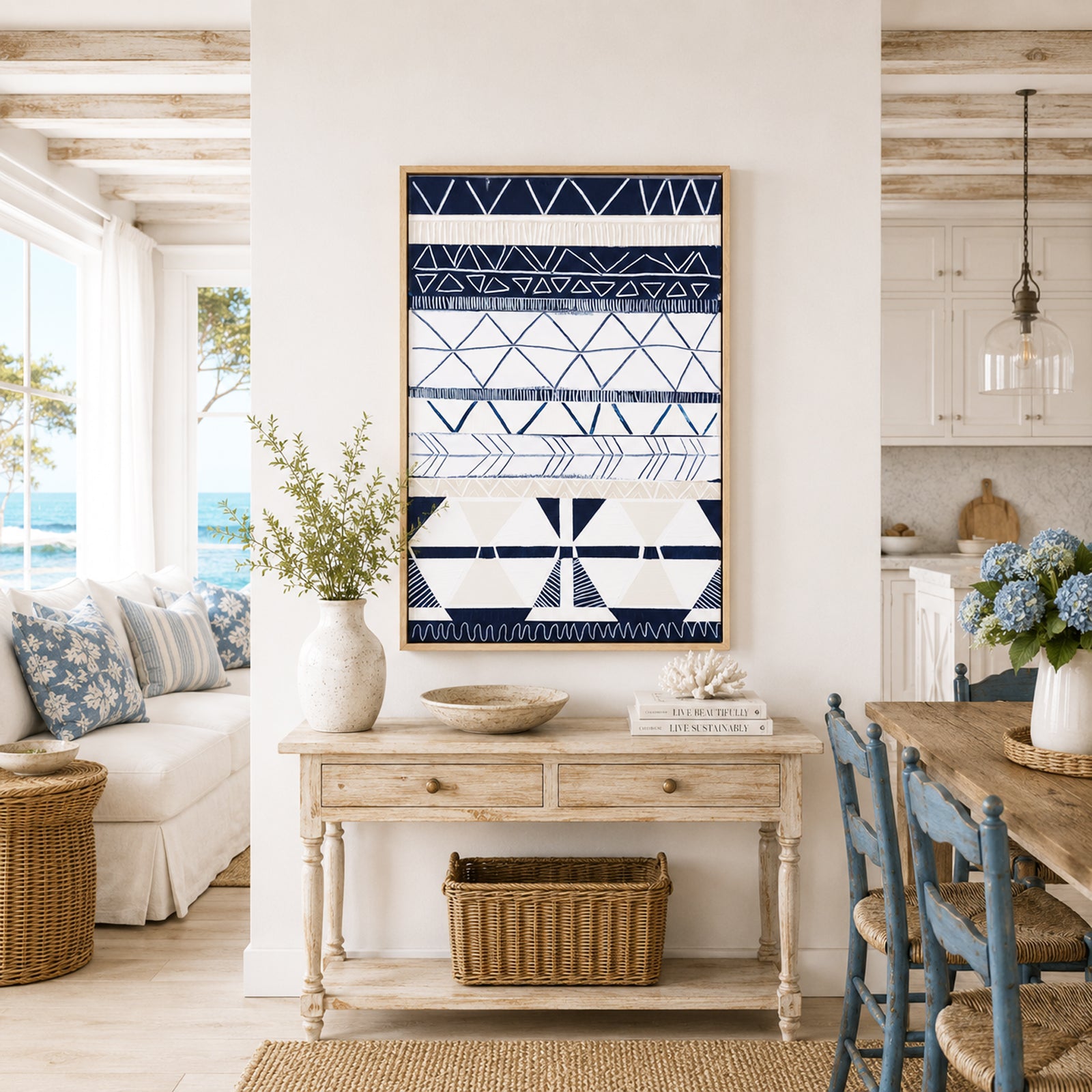Bondi Waves 2 by Australian artist Ani Ipradjian – abstract coastal painting inspired by Bondi Beach, featuring flowing ocean waves and tribal motifs from Armenian heritage. Contemporary art print, 65cm x 100cm, framed in Tasmanian Oak, black, or white. Ideal for collectors of modern Australian art worldwide.
