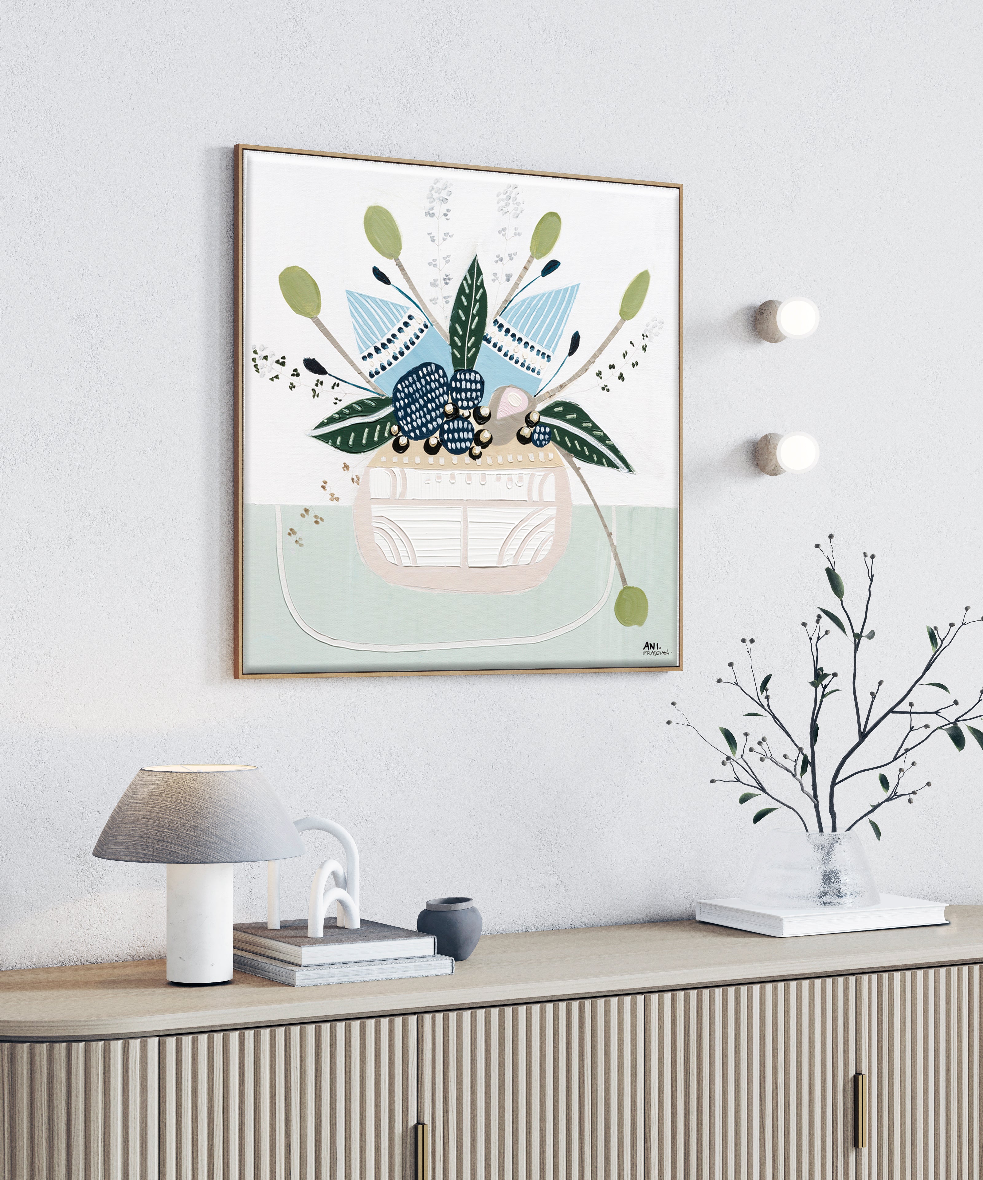 Banksia Botanicals abstract Australian botanical artwork featuring the iconic Banksia flower, textured contemporary wall art with soft blues, earthy greens, and pink tones inspired by native Australian flora. Perfect for art collectors, interior designers, and lovers of Australian botanical paintings and prints seeking modern nature-inspired décor.
