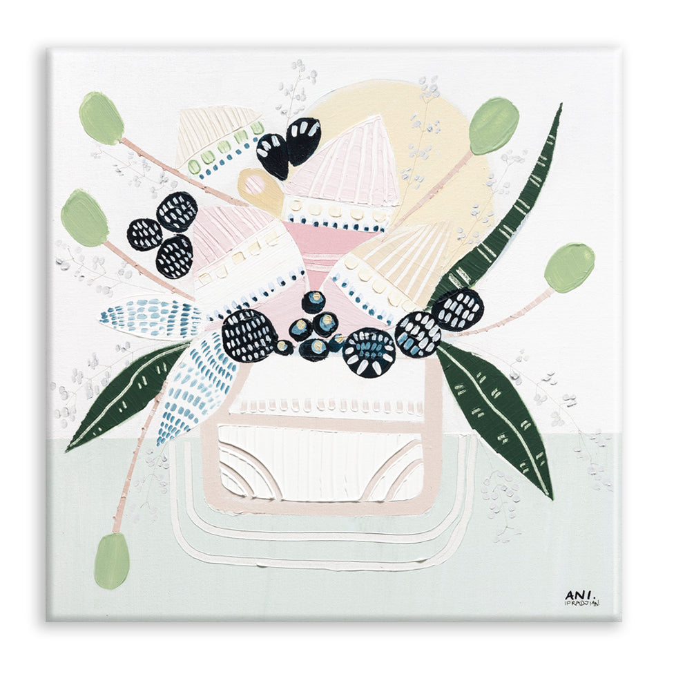 Banksia Botanicals abstract Australian botanical artwork featuring the iconic Banksia flower, textured contemporary wall art with soft blues, earthy greens, and pink tones inspired by native Australian flora. Perfect for art collectors, interior designers, and lovers of Australian botanical paintings and prints seeking modern nature-inspired décor.