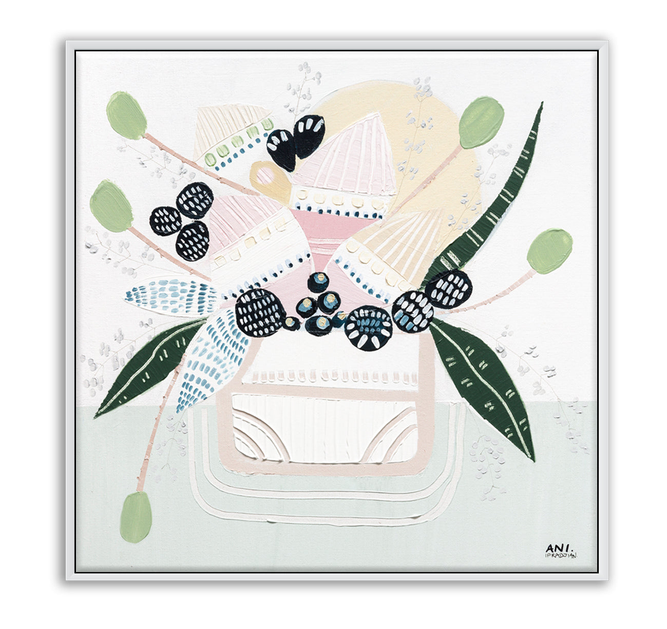 Banksia Botanicals abstract Australian botanical artwork featuring the iconic Banksia flower, textured contemporary wall art with soft blues, earthy greens, and pink tones inspired by native Australian flora. Perfect for art collectors, interior designers, and lovers of Australian botanical paintings and prints seeking modern nature-inspired décor.
