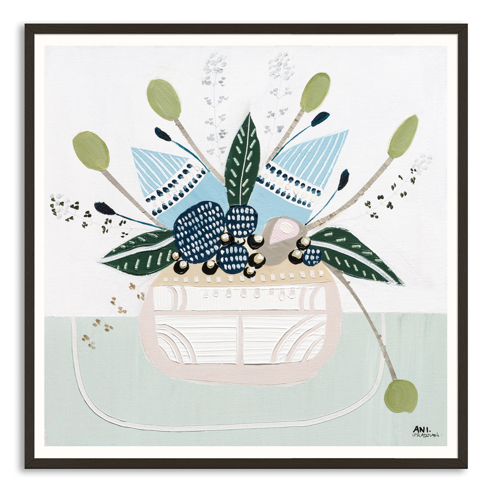Banksia Botanicals abstract Australian botanical artwork featuring the iconic Banksia flower, textured contemporary wall art with soft blues, earthy greens, and pink tones inspired by native Australian flora. Perfect for art collectors, interior designers, and lovers of Australian botanical paintings and prints seeking modern nature-inspired décor.