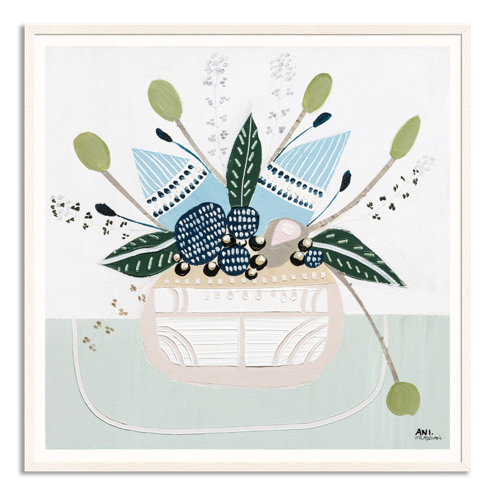Banksia Botanicals abstract Australian botanical artwork featuring the iconic Banksia flower, textured contemporary wall art with soft blues, earthy greens, and pink tones inspired by native Australian flora. Perfect for art collectors, interior designers, and lovers of Australian botanical paintings and prints seeking modern nature-inspired décor.