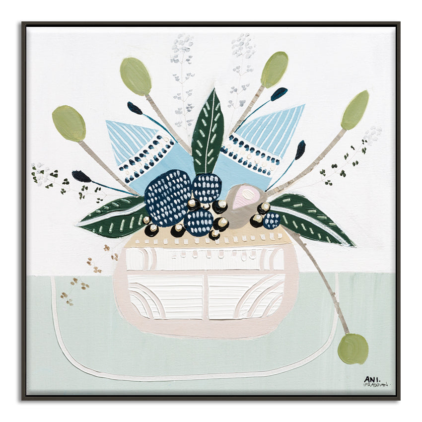Banksia Botanicals abstract Australian botanical artwork featuring the iconic Banksia flower, textured contemporary wall art with soft blues, earthy greens, and pink tones inspired by native Australian flora. Perfect for art collectors, interior designers, and lovers of Australian botanical paintings and prints seeking modern nature-inspired décor.