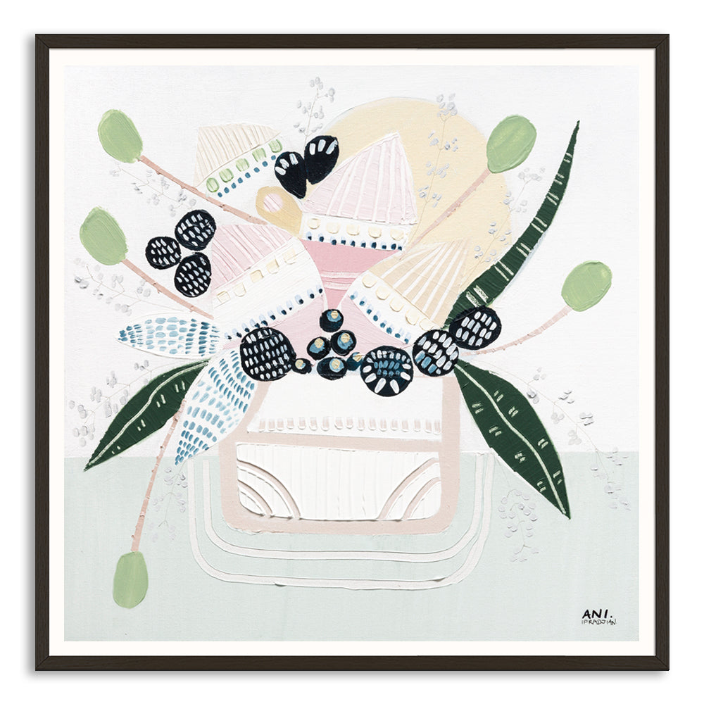 Banksia Botanicals abstract Australian botanical artwork featuring the iconic Banksia flower, textured contemporary wall art with soft blues, earthy greens, and pink tones inspired by native Australian flora. Perfect for art collectors, interior designers, and lovers of Australian botanical paintings and prints seeking modern nature-inspired décor.