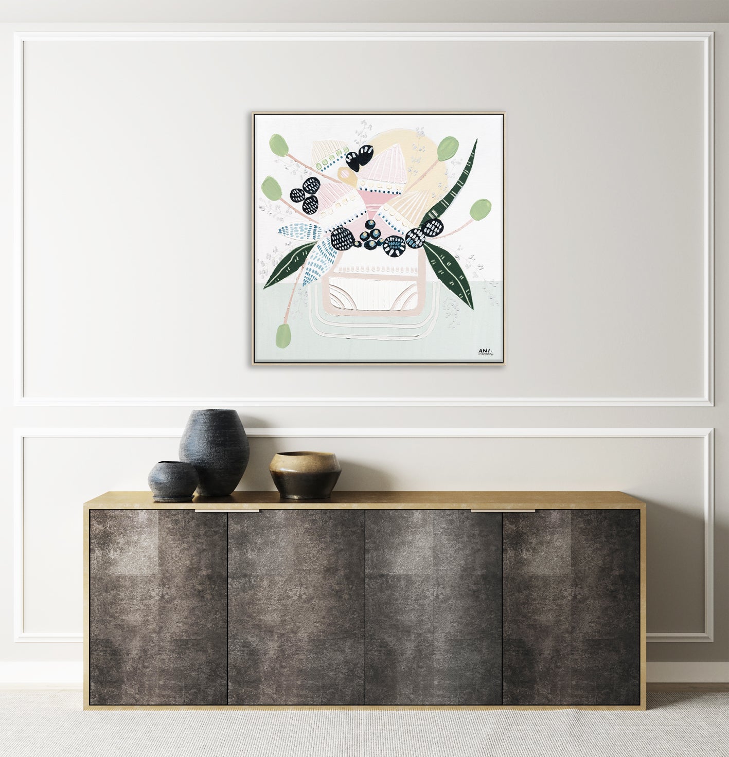 Banksia Botanicals abstract Australian botanical artwork featuring the iconic Banksia flower, textured contemporary wall art with soft blues, earthy greens, and pink tones inspired by native Australian flora. Perfect for art collectors, interior designers, and lovers of Australian botanical paintings and prints seeking modern nature-inspired décor.