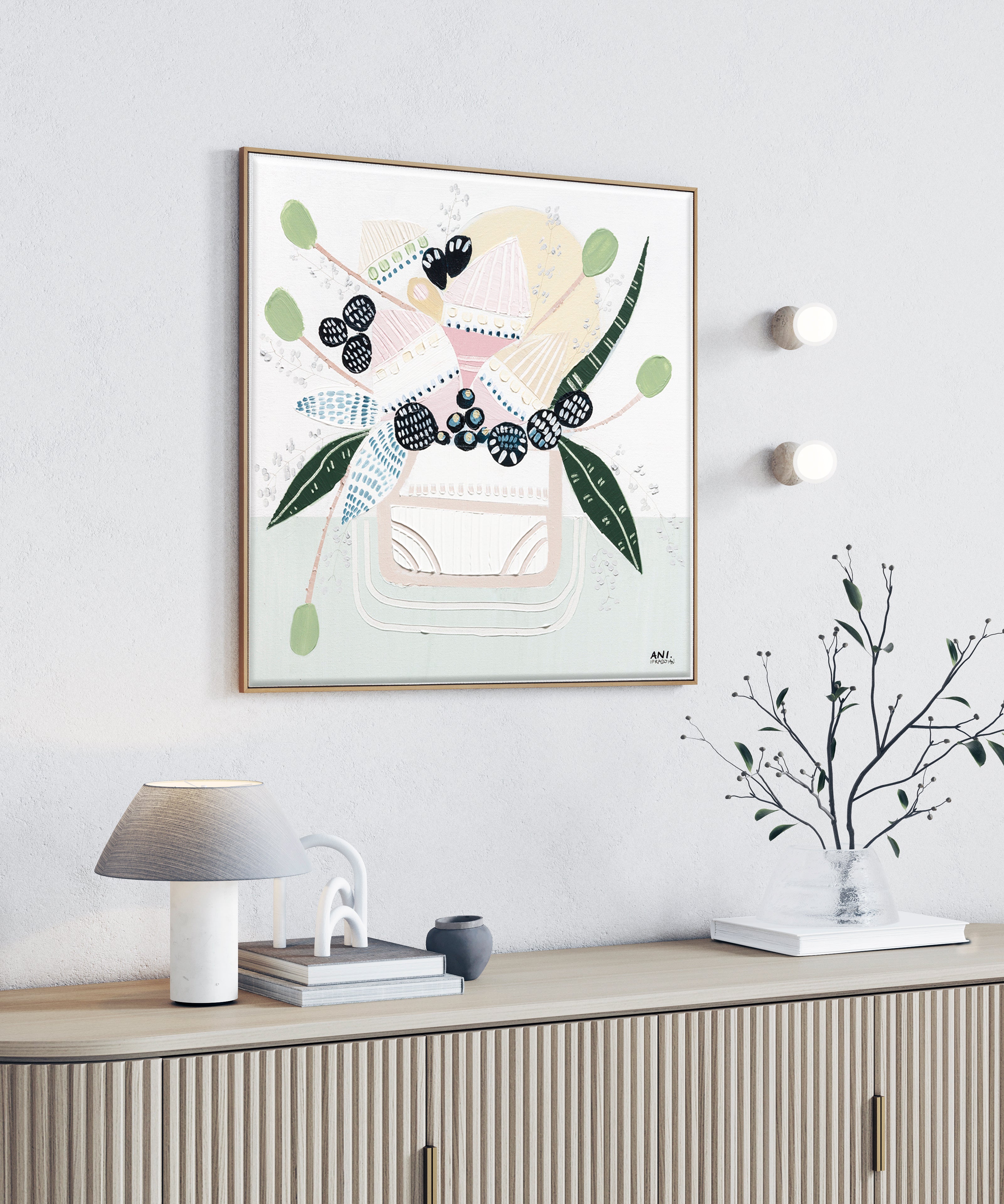 Banksia Botanicals abstract Australian botanical artwork featuring the iconic Banksia flower, textured contemporary wall art with soft blues, earthy greens, and pink tones inspired by native Australian flora. Perfect for art collectors, interior designers, and lovers of Australian botanical paintings and prints seeking modern nature-inspired décor.
