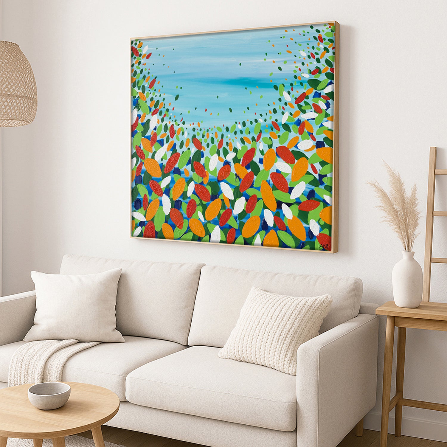 "Chakra Leaves" – Original abstract energy painting by Australian artist Ani Ipradjian, inspired by nature, healing chakras, and Australia’s earthy landscape, featuring organic forms and grounding tones.