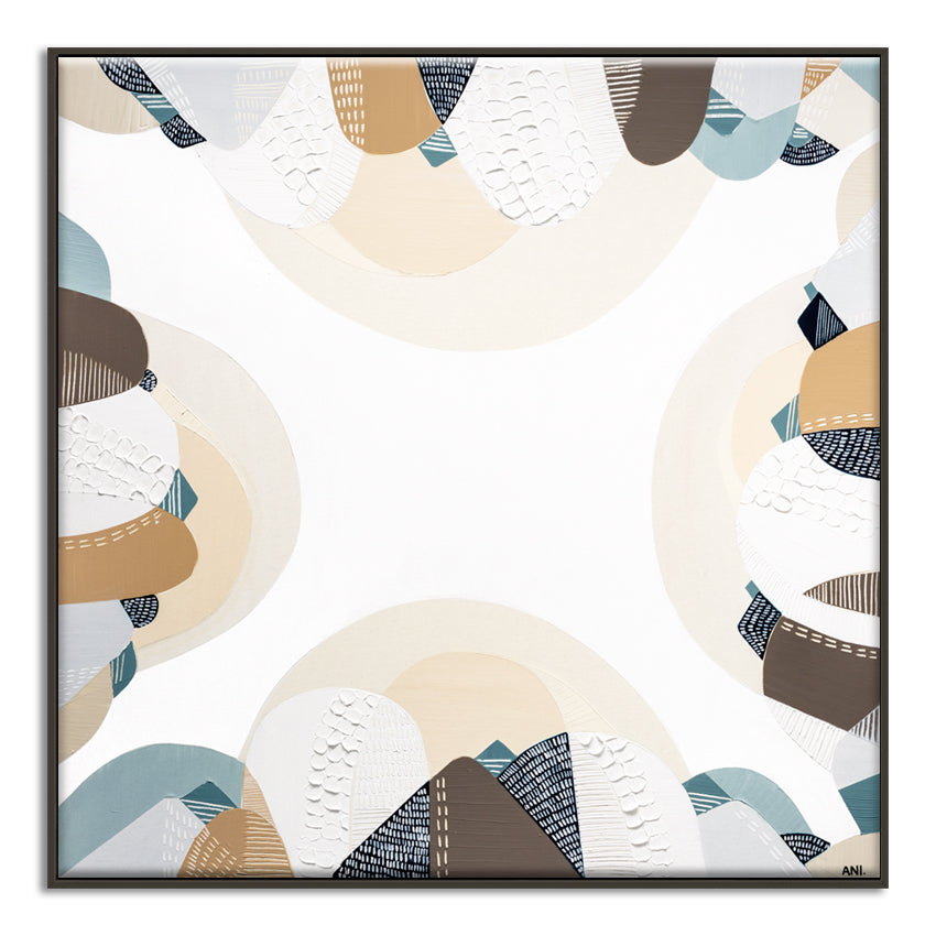 Coastal Bliss print by Melbourne artist Ani Ipradjian – Australian coastal wall art featuring sandy beach tones, ocean blues, and textured abstract design. Perfect for beach house décor, coastal interiors, art collectors, and interior designers worldwide. Free shipping Australia-wide with international delivery available.