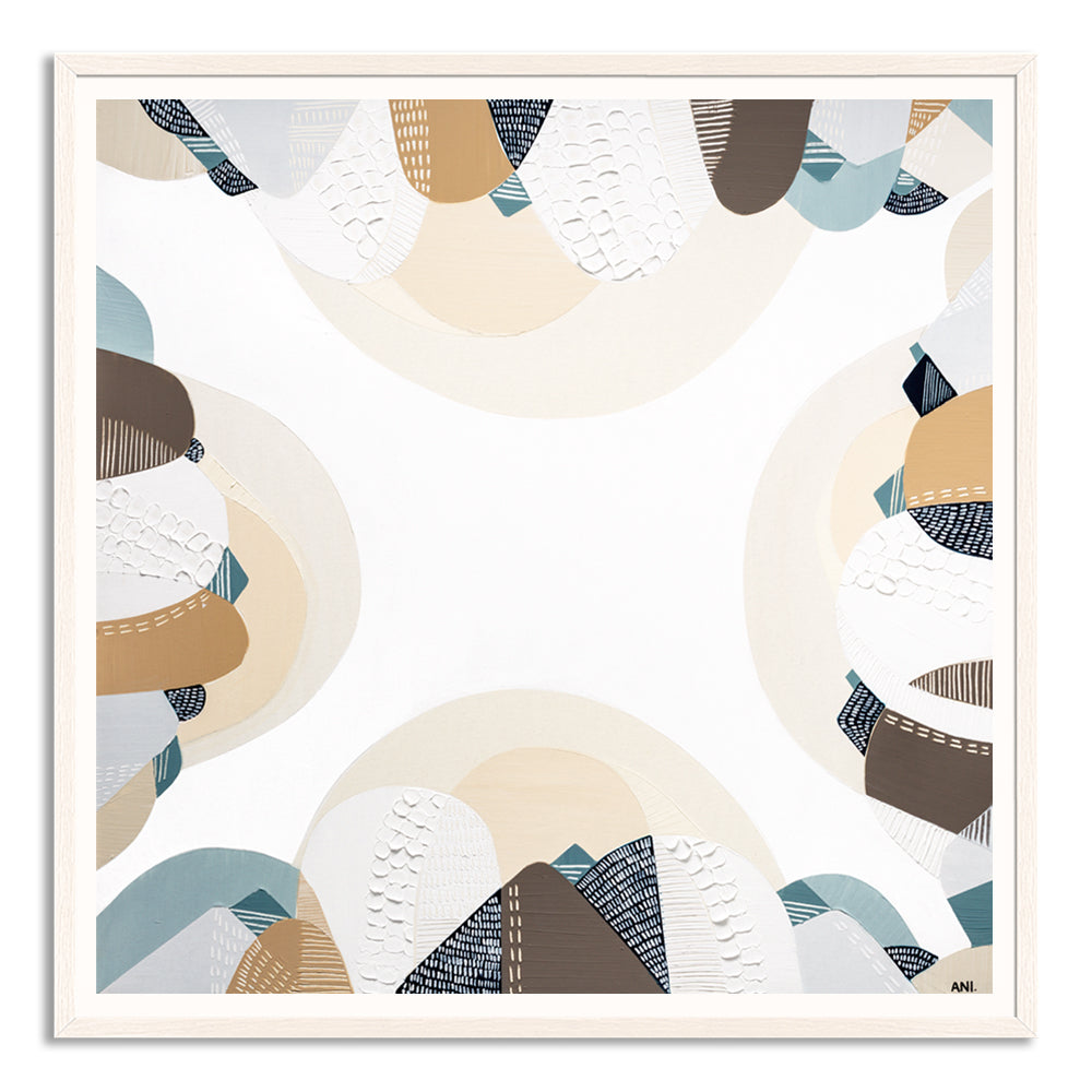 Coastal Bliss print by Melbourne artist Ani Ipradjian – Australian coastal wall art featuring sandy beach tones, ocean blues, and textured abstract design. Perfect for beach house décor, coastal interiors, art collectors, and interior designers worldwide. Free shipping Australia-wide with international delivery available.