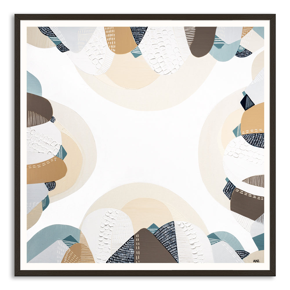Coastal Bliss print by Melbourne artist Ani Ipradjian – Australian coastal wall art featuring sandy beach tones, ocean blues, and textured abstract design. Perfect for beach house décor, coastal interiors, art collectors, and interior designers worldwide. Free shipping Australia-wide with international delivery available.