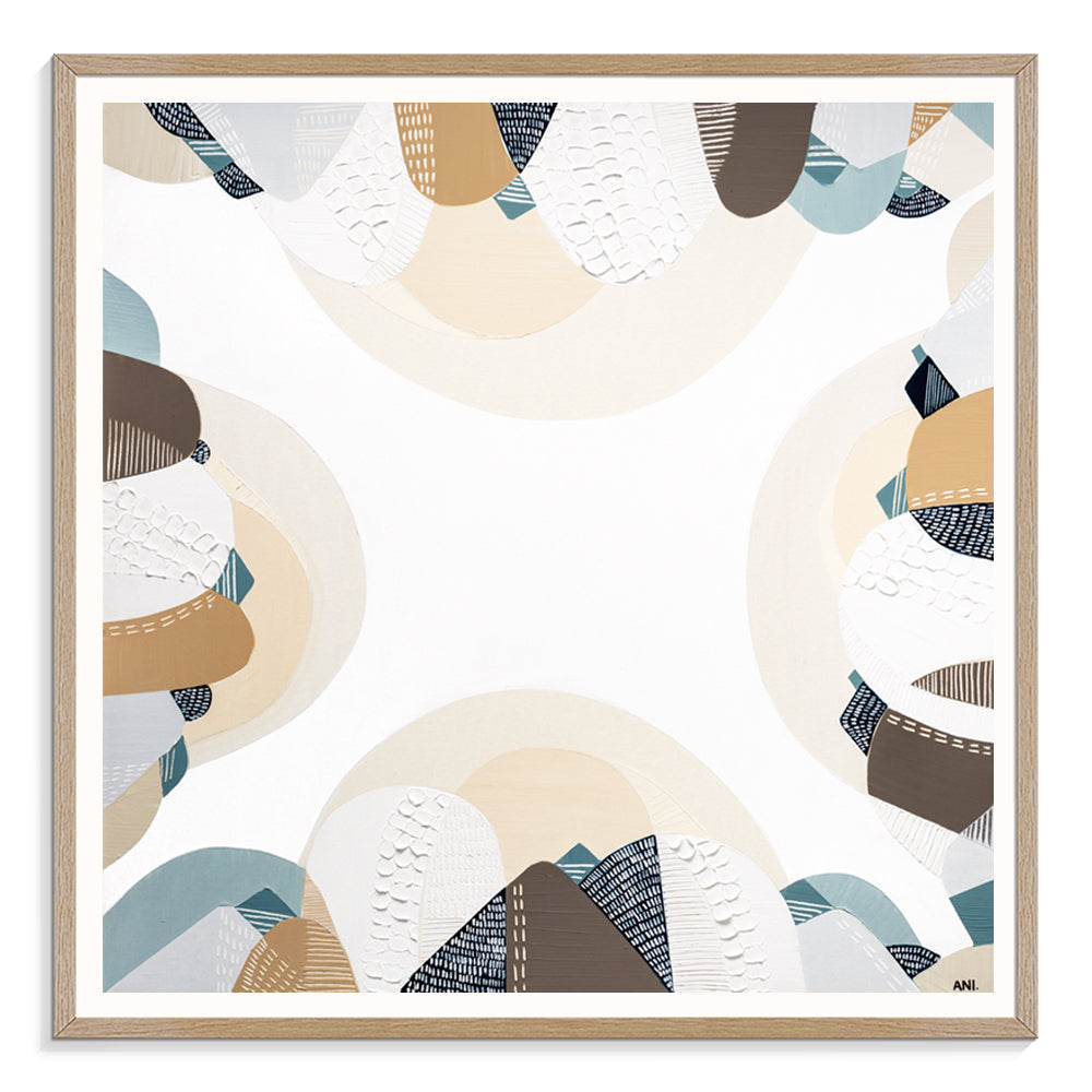 Coastal Bliss print by Melbourne artist Ani Ipradjian – Australian coastal wall art featuring sandy beach tones, ocean blues, and textured abstract design. Perfect for beach house décor, coastal interiors, art collectors, and interior designers worldwide. Free shipping Australia-wide with international delivery available.